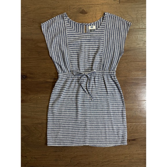 Old Navy Dresses & Skirts - Old Navy Blue White Striped Linen‎ Blend Drawstring Waist Dress Medium